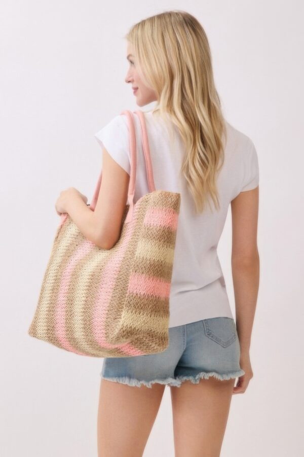 Striped Straw Tote Bag – Natural Brown Multi-Color