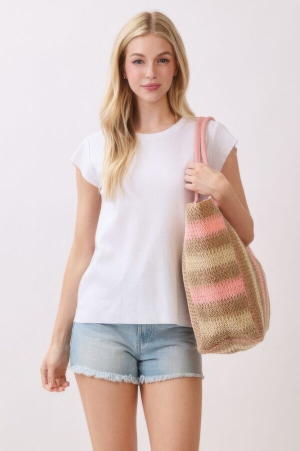Striped Straw Tote Bag – Natural Brown Multi-Color