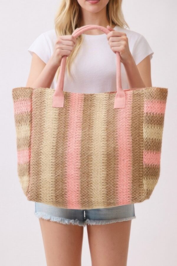 Striped Straw Tote Bag – Natural Brown Multi-Color