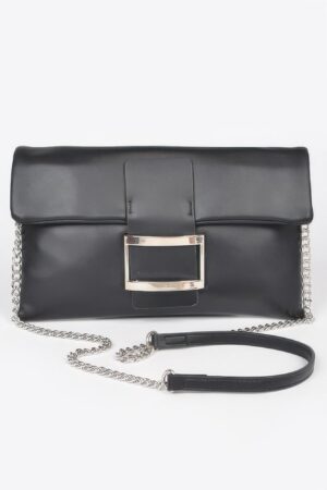 Metallic Faux Leather Buckle Clutch
