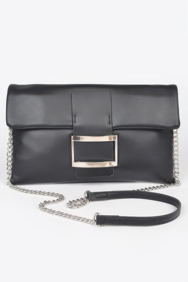 Metallic Faux Leather Buckle Clutch
