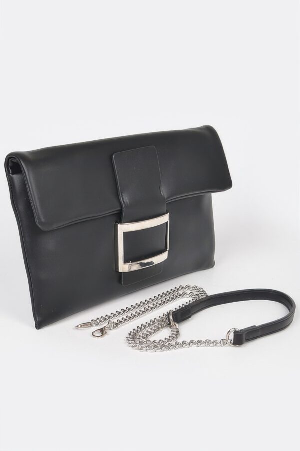 Metallic Faux Leather Buckle Clutch