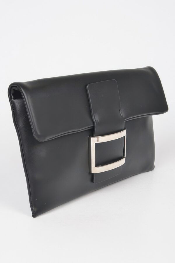 Metallic Faux Leather Buckle Clutch