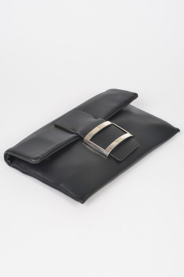 Metallic Faux Leather Buckle Clutch