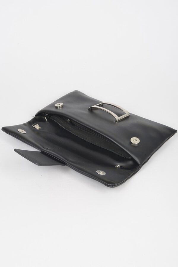 Metallic Faux Leather Buckle Clutch