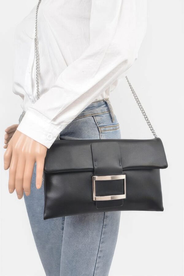 Metallic Faux Leather Buckle Clutch