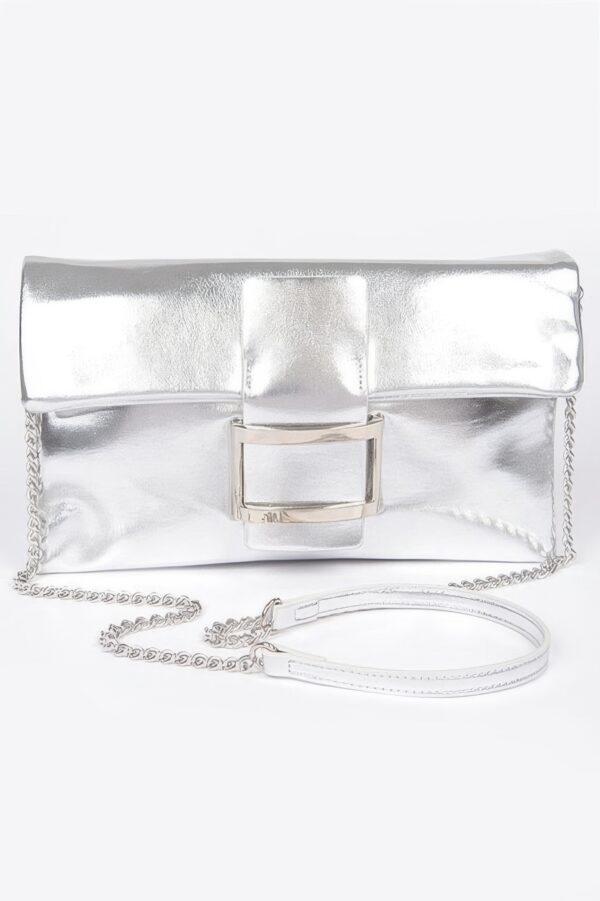 Metallic Faux Leather Buckle Clutch