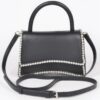 Faux Leather Top-Handle Flap Bag with Rhinestone Accent