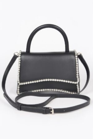 Faux Leather Top-Handle Flap Bag with Rhinestone Accent