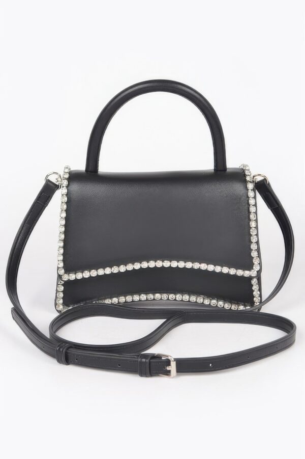 Faux Leather Top-Handle Flap Bag with Rhinestone Accent
