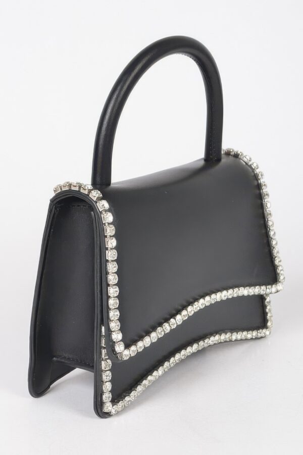 Faux Leather Top-Handle Flap Bag with Rhinestone Accent