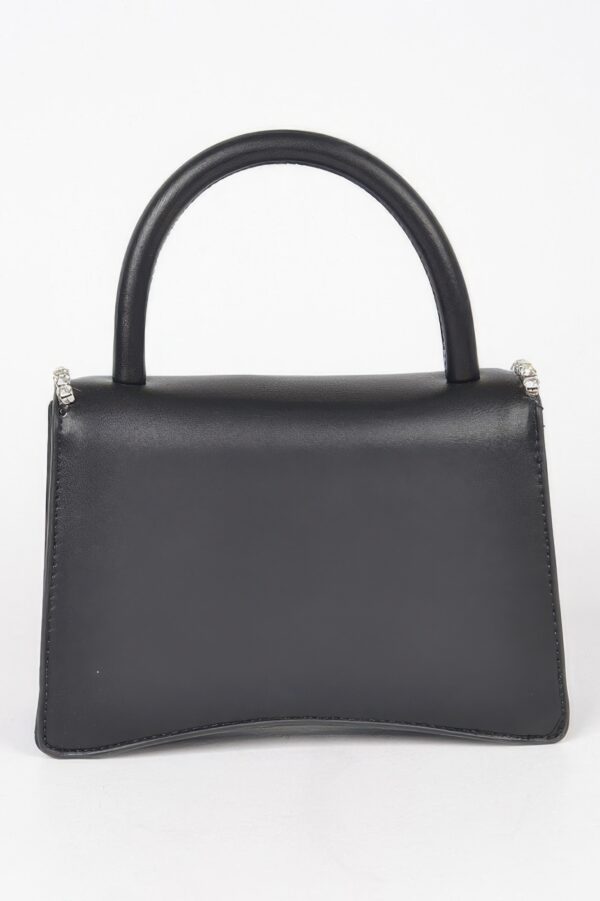 Faux Leather Top-Handle Flap Bag with Rhinestone Accent