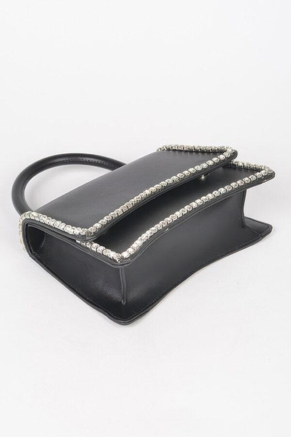 Faux Leather Top-Handle Flap Bag with Rhinestone Accent