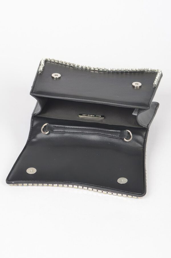 Faux Leather Top-Handle Flap Bag with Rhinestone Accent