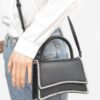 Faux Leather Top-Handle Flap Bag with Rhinestone Accent