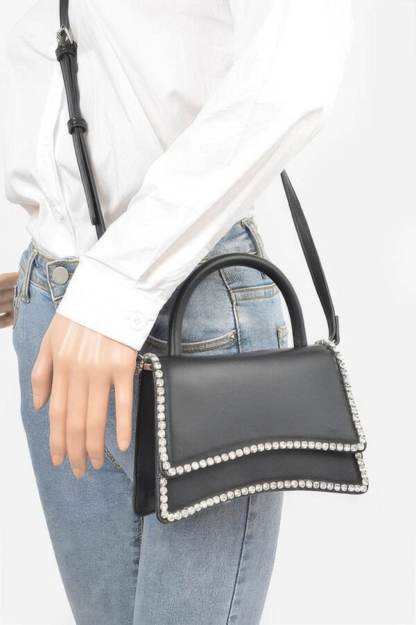 Faux Leather Top-Handle Flap Bag with Rhinestone Accent