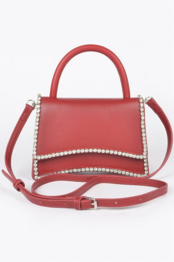 Faux Leather Top-Handle Flap Bag with Rhinestone Accent