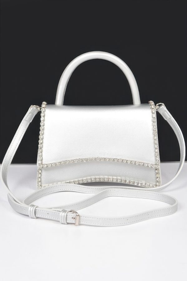 Faux Leather Top-Handle Flap Bag with Rhinestone Accent