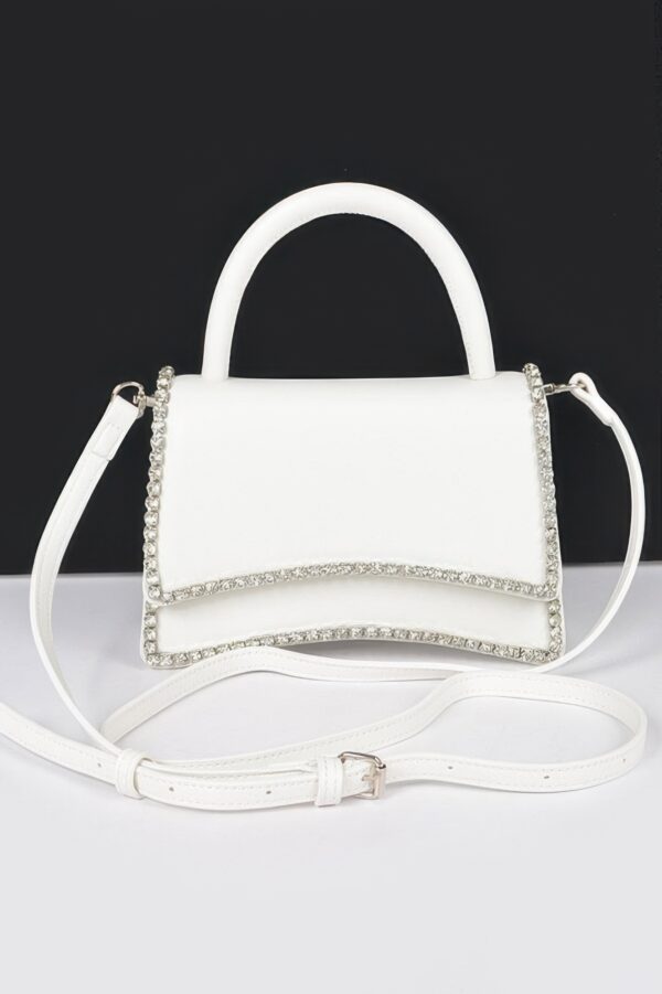 Faux Leather Top-Handle Flap Bag with Rhinestone Accent