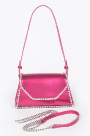 Metallic PU Flap Bag with Rhinestone Accent