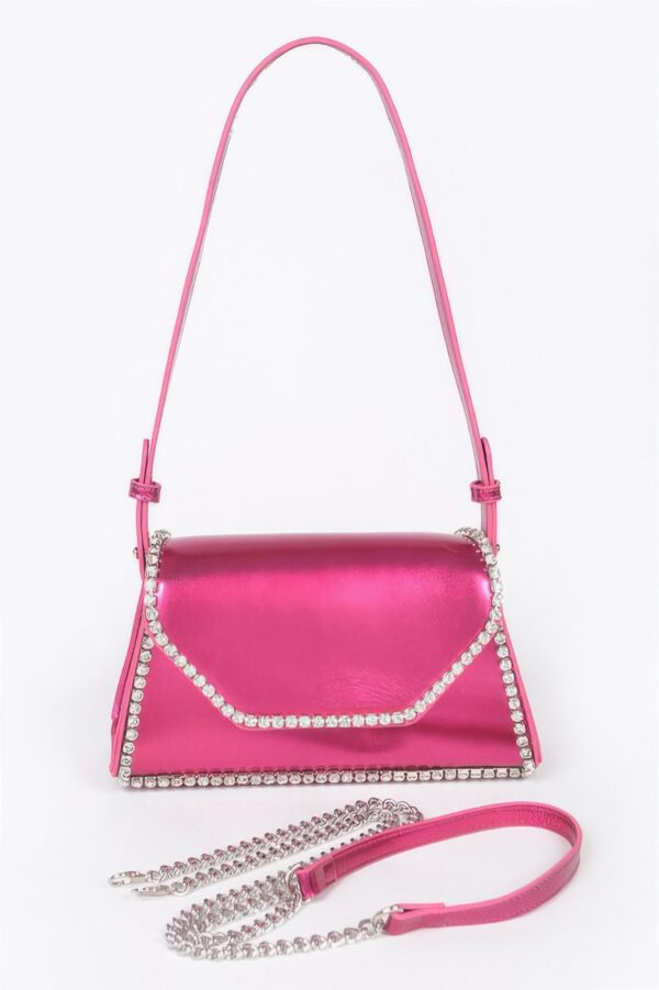 Metallic PU Flap Bag with Rhinestone Accent