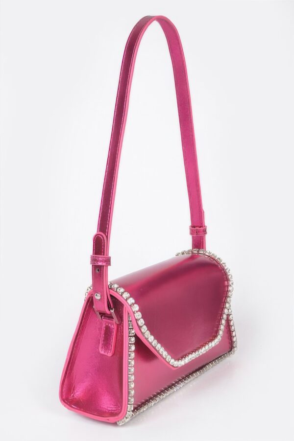 Metallic PU Flap Bag with Rhinestone Accent
