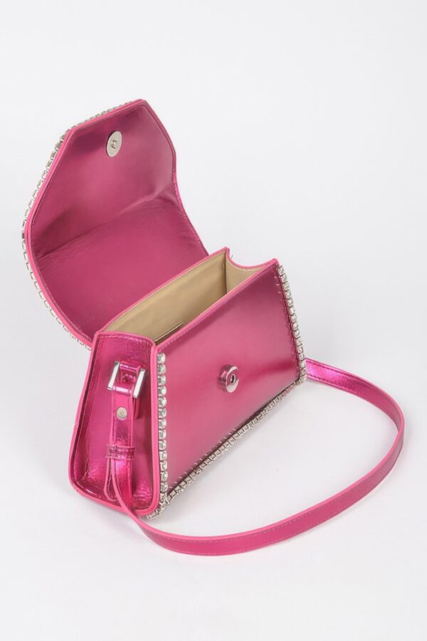 Metallic PU Flap Bag with Rhinestone Accent