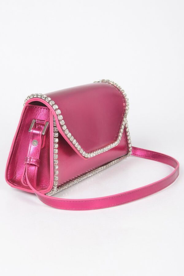 Metallic PU Flap Bag with Rhinestone Accent