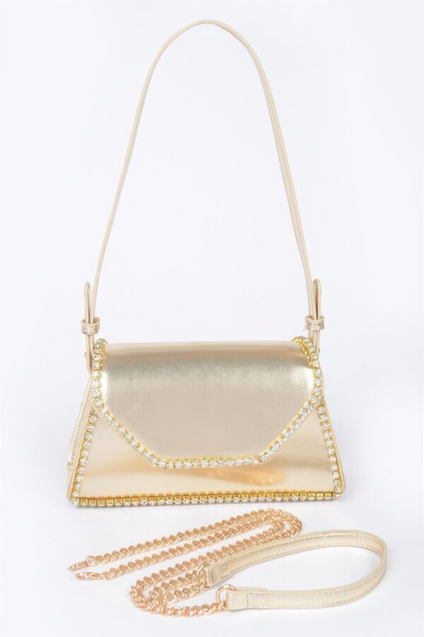 Metallic PU Flap Bag with Rhinestone Accent