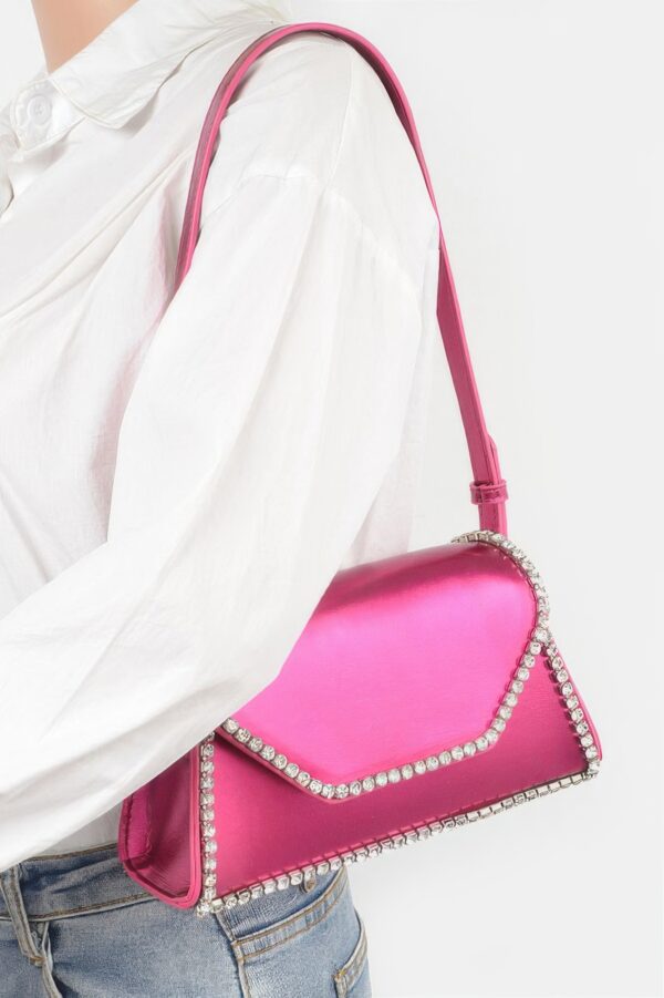 Metallic PU Flap Bag with Rhinestone Accent