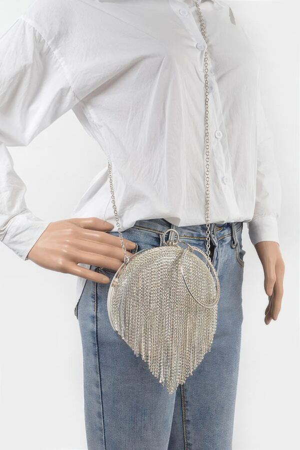 Structured Round Rhinestone Fringe Party Bag
