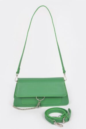 Faux Leather Crossbody Bag with Front Chain Accent