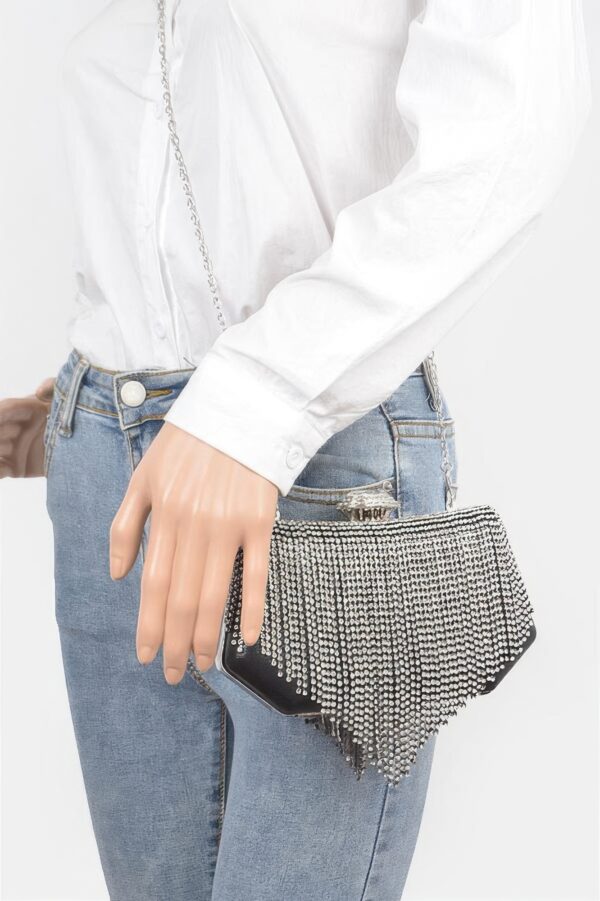 Rhinestone Fringe Party Clutch – Structured Sparkle