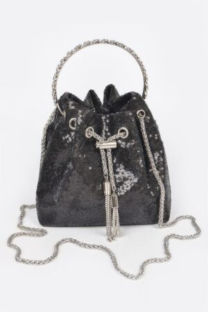 Compact Sequin Bucket Bag with Stone-Top Handle