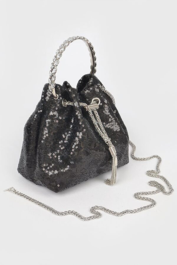 Compact Sequin Bucket Bag with Stone-Top Handle