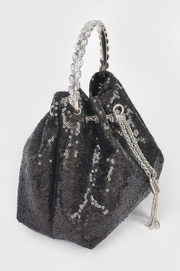 Compact Sequin Bucket Bag with Stone-Top Handle