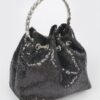 Compact Sequin Bucket Bag with Stone-Top Handle