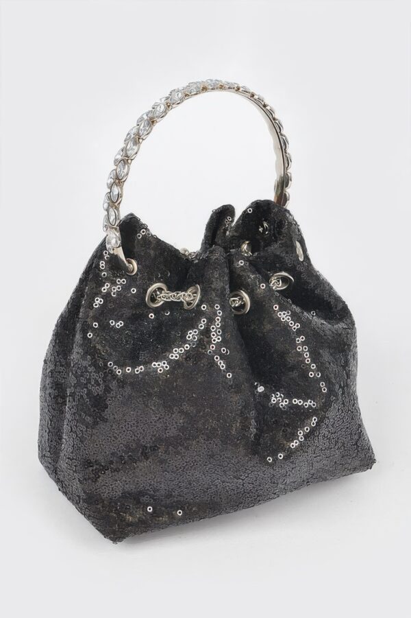 Compact Sequin Bucket Bag with Stone-Top Handle