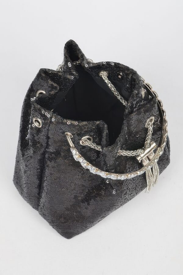 Compact Sequin Bucket Bag with Stone-Top Handle