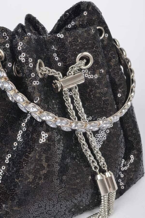 Compact Sequin Bucket Bag with Stone-Top Handle