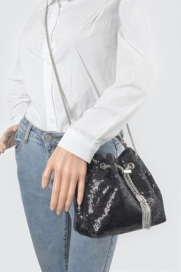 Compact Sequin Bucket Bag with Stone-Top Handle