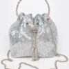 Compact Sequin Bucket Bag with Stone-Top Handle
