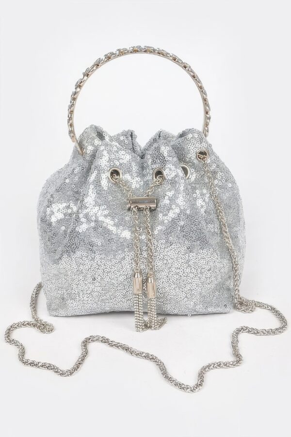 Compact Sequin Bucket Bag with Stone-Top Handle