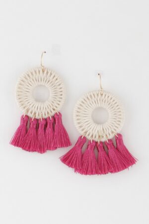 Textured Woven Disk Tassel Drop Earrings