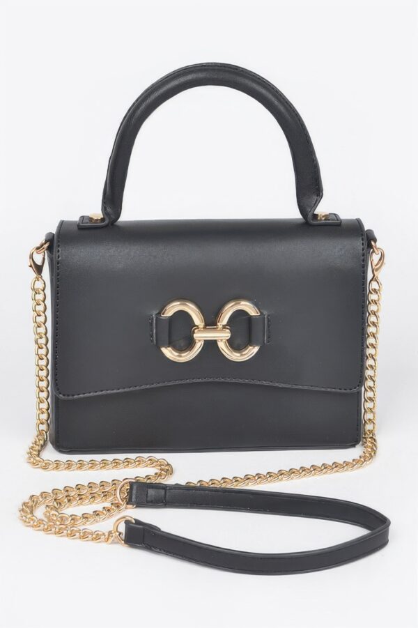 Faux Leather Top Handle Bag with Mixed Metal Accents