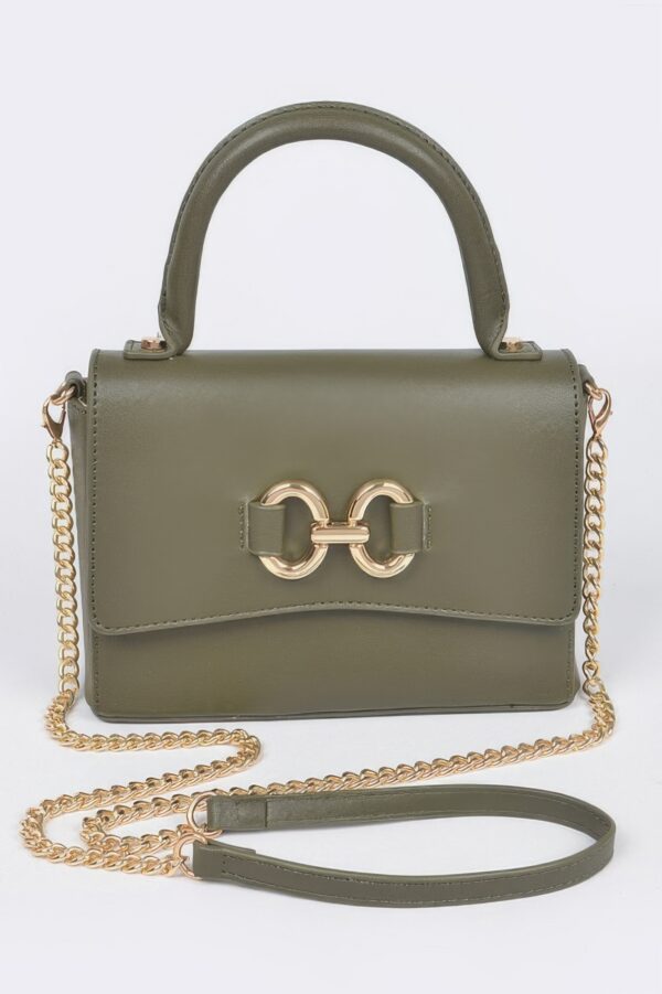 Faux Leather Top Handle Bag with Mixed Metal Accents