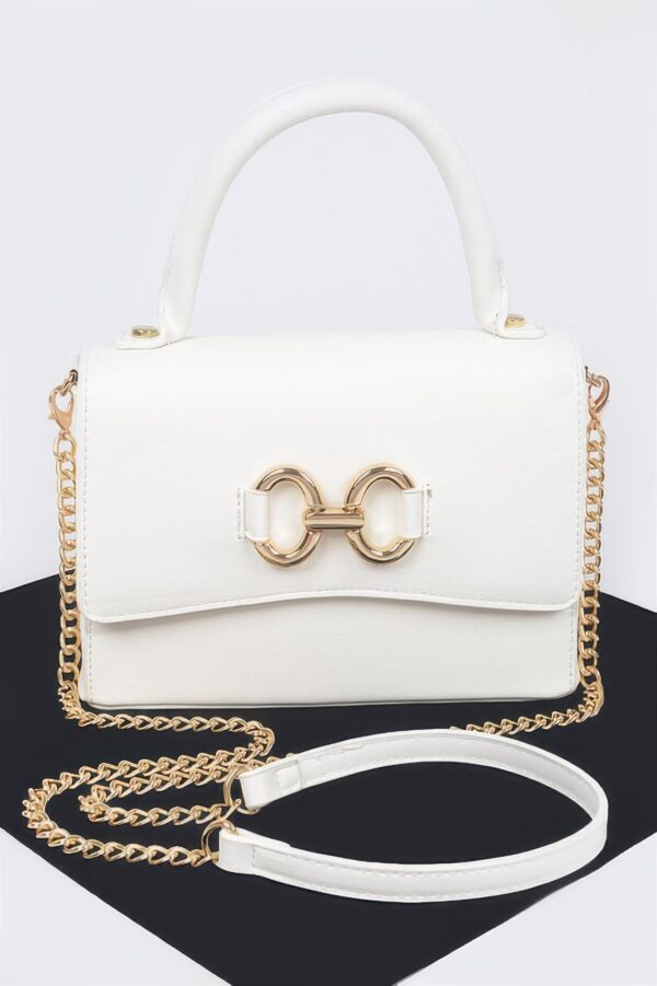 Faux Leather Top Handle Bag with Mixed Metal Accents