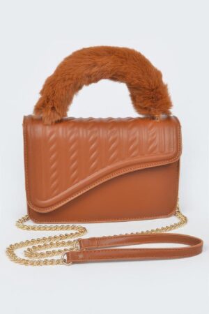 Textured Flap Mini Bag with Furry Handle – Compact