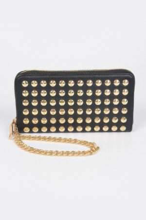 Studded Wallet with Chain Strap – Compact Polyurethane Crossbody