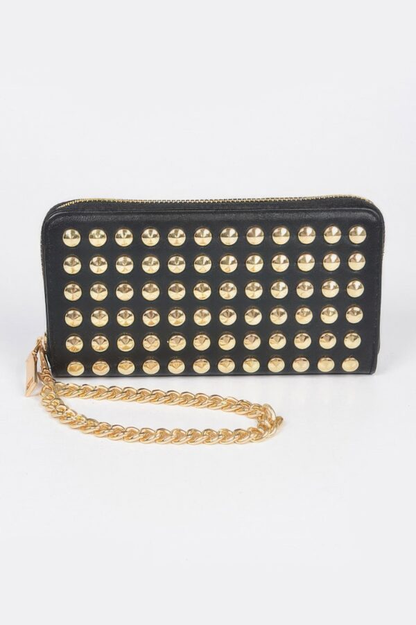 Studded Wallet with Chain Strap – Compact Polyurethane Crossbody